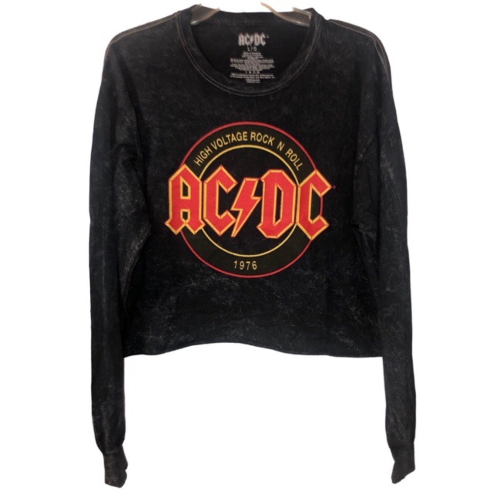 AC⚡️DC Black Acid Wash Long Sleeve Crop Top, 100% Cotton
